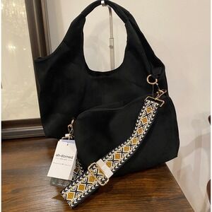 ah-dorned New York Black Nylon Hobo‎ Bag with Embellished Strap